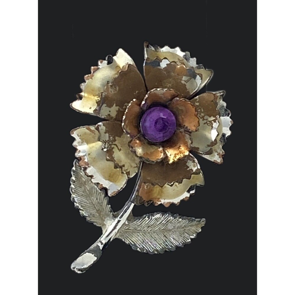 Vintage 1950 Rose Brooch Silver Tone Simulated Garnet for Repair or Restoration